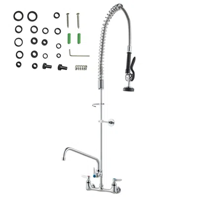 O-moshon Wall-mounted Kitchen Faucet, 47" Tall, 8" Apart, With 12" Rotating Spout And Pre-rinse Spray, Brass  In Silver