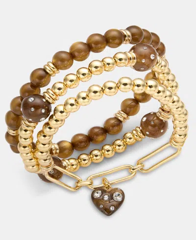 On 34th 3-pc. Set Pave Heart Charm Beaded Stretch Bracelets, Macy's Exclusive In Gold