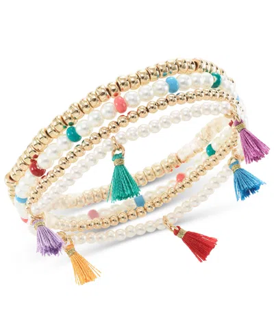 On 34th 4-pc. Set Bead, Imitation Pearl & Tassel Stretch Bracelets, Created For Macy's In Gold