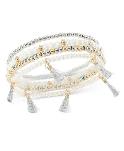On 34th 4-pc. Set Bead, Imitation Pearl & Tassel Stretch Bracelets, Created For Macy's In Metallic