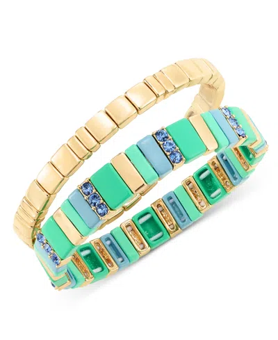 On 34th Gold-tone 2-pc. Set Pave & Multicolor Bar Stretch Bracelets, Created For Macy's In Green