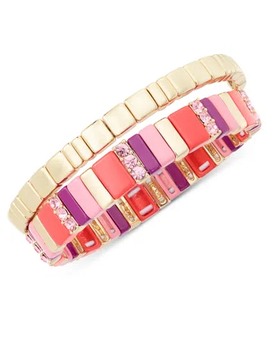 On 34th Gold-tone 2-pc. Set Pave & Multicolor Bar Stretch Bracelets, Created For Macy's In Pink