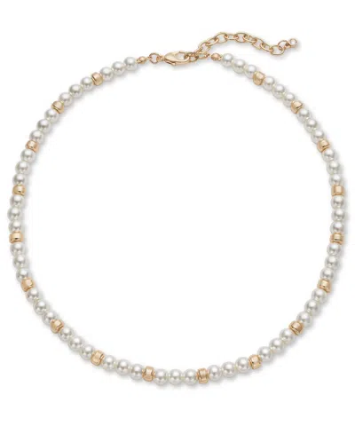 On 34th Gold-tone Bead & Imitation Pearl Collar Necklace, 16-1/2" + 2" Extender, Created For Macy's In White