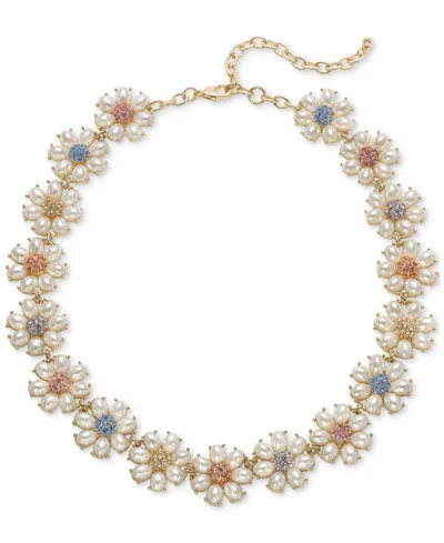 On 34th Gold-tone Color Pave & Imitation Pearl Flower All-around Collar Necklace, 17" + 3" Extender, Created In Multi