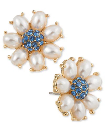 On 34th Gold-tone Color Pave & Imitation Pearl Flower Stud Earrings, Created For Macy's In Blue