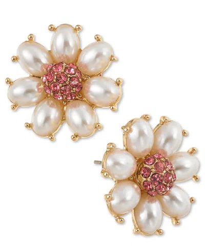 On 34th Gold-tone Color Pave & Imitation Pearl Flower Stud Earrings, Created For Macy's In Pink