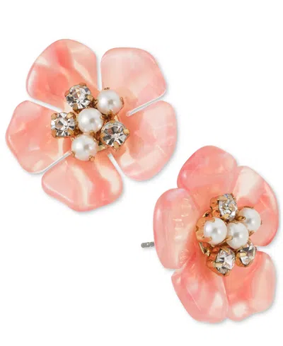 On 34th Gold-tone Color Pave & Imitation Pearl Mother-of-pearl Flower Stud Earrings, Created For Macy's In Pink