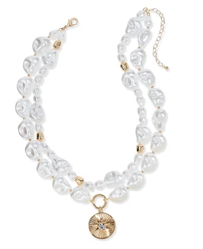 On 34th Gold-tone Crystal Disc & Imitation Pearl Layered Pendant Necklace, 16" + 3" Extender, Exclusively At In White