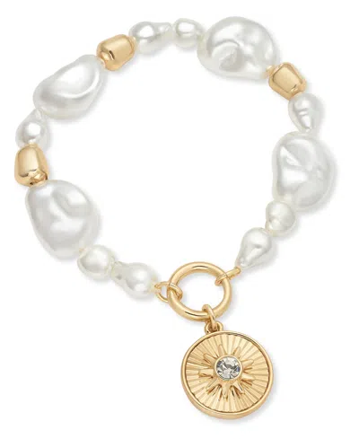 On 34th Gold-tone Crystal Disc & Imitation Pearl Stretch Bracelet, Exclusively At Macy's
