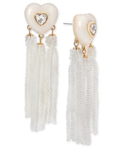 On 34th Gold-tone Crystal Heart & Beaded Fringe Drop Earrings, Created For Macy's In White