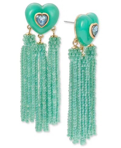 On 34th Gold-tone Crystal Heart & Beaded Fringe Drop Earrings, Created For Macy's In Green