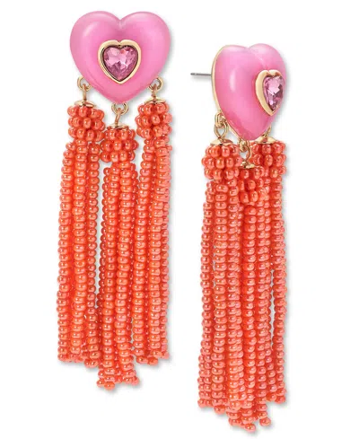 On 34th Gold-tone Crystal Heart & Beaded Fringe Drop Earrings, Created For Macy's In Red