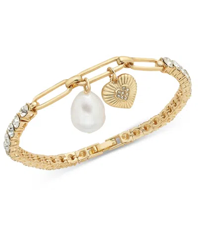On 34th Gold-tone Crystal Heart & Imitation Pearl Charm Bracelet, Exclusively At Macy's
