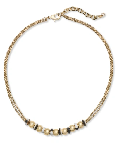 On 34th Gold-tone Mixed Bead Double Chain Necklace, 16" + 2" Extender, Created For Macy's In Black,white