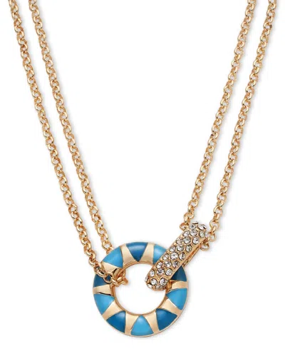 On 34th Gold-tone Pave & Color Circle Double Chain Pendant Necklace, 16" + 2" Extender, Created For Macy's In Blue
