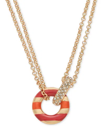 On 34th Gold-tone Pave & Color Circle Double Chain Pendant Necklace, 16" + 2" Extender, Created For Macy's In Red
