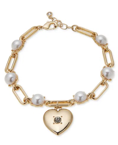 On 34th Gold-tone Pave Heart Charm Imitation Pearl Link Bracelet, Created For Macy's