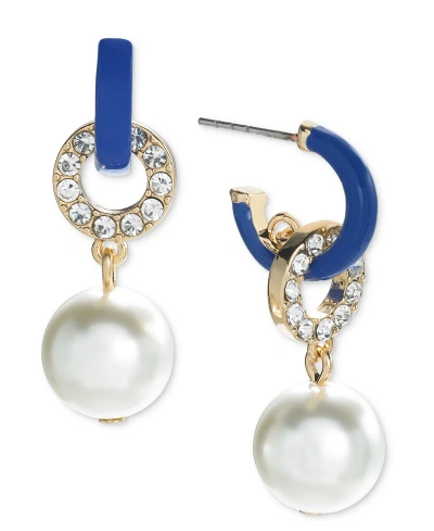 On 34th Gold-tone Pave Ring & Imitation Pearl Charm C-hoop Earrings, Created For Macy's In Blue