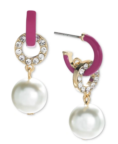 On 34th Gold-tone Pave Ring & Imitation Pearl Charm C-hoop Earrings, Created For Macy's In Pink