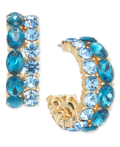 On 34th Gold-tone Small Crystal Double-row C-hoop Earrings, 0.9", Created For Macy's In Blue