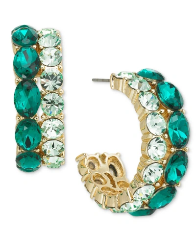 On 34th Gold-tone Small Crystal Double-row C-hoop Earrings, 0.9", Created For Macy's In Green