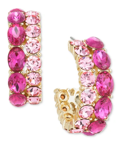 On 34th Gold-tone Small Crystal Double-row C-hoop Earrings, 0.9", Created For Macy's In Pink
