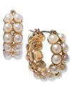 On 34th Gold-tone Small Imitation Pearl Double-row Hoop Earrings, 0.85", Created For Macy's In White