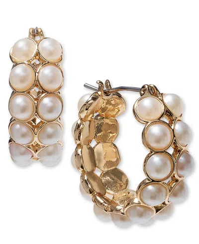 On 34th Gold-tone Small Imitation Pearl Double-row Hoop Earrings, 0.85", Created For Macy's In White