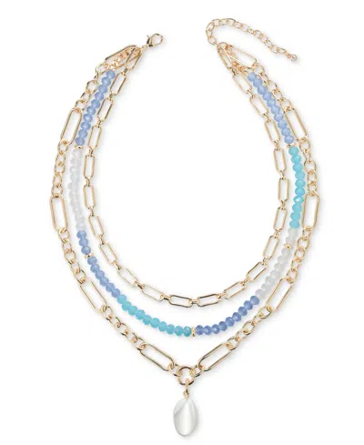 On 34th Gold-tone Stone Beaded Three-row Necklace, 20" + 3" Extender, Exclusively At Macy's In Blue