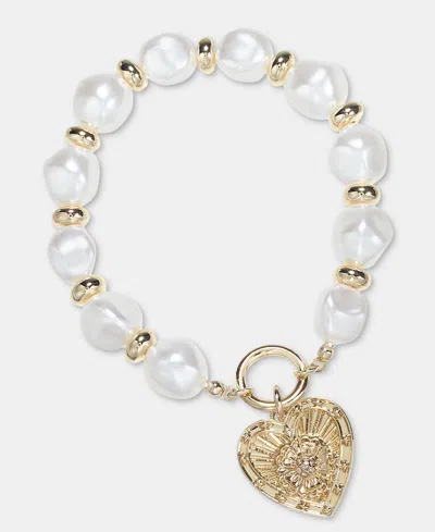 On 34th Heart Charm Imitation Pearl Stretch Bracelet, Macy's Exclusive In Gold