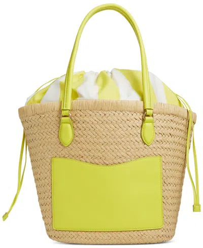 On 34th Isabellaa Straw Medium Drawstring Tote, Created For Macy's In Straw,lime Strp