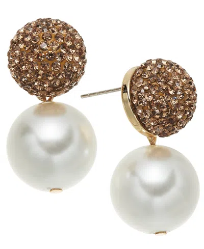 On 34th Pave Fireball & Imitation Pearl Drop Earrings, Created For Macy's In Gold