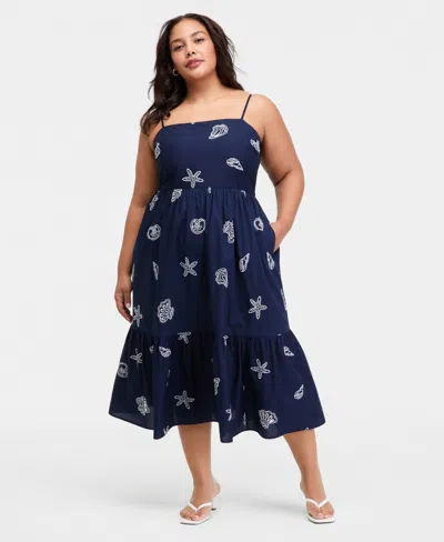 On 34th Plus Cotton Back-cutout Tiered Midi Dress, Macy's Exclusive In Blue