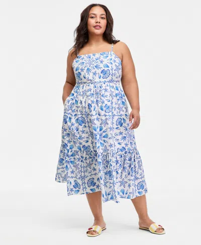 On 34th Plus Cotton Poplin Back-cutout Tiered Midi Dress, Macy's Exclusive In White