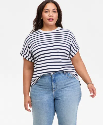 On 34th Plus Primavera Stripe Roll-cuff Top, Macy's Exclusive In White Blue Combo