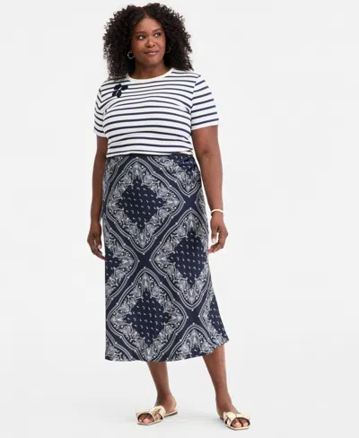 On 34th Plus Printed Midi Slip Skirt, Macy's Exclusive In Intrepid Blue Combo