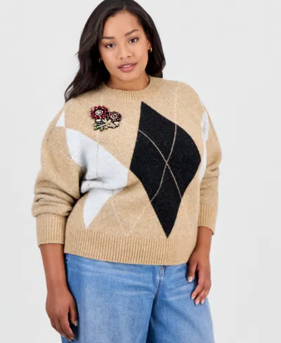 On 34th Plus Size Argyle Crewneck Rhinestone Patch Applique Sweater, Macy's Exclusive In Neutral
