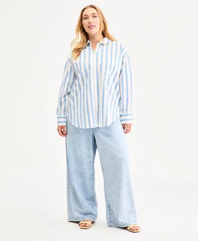 On 34th Plus Size Bayside Stripe Button-front Cotton Shirt, Macy's Exclusive In Blue