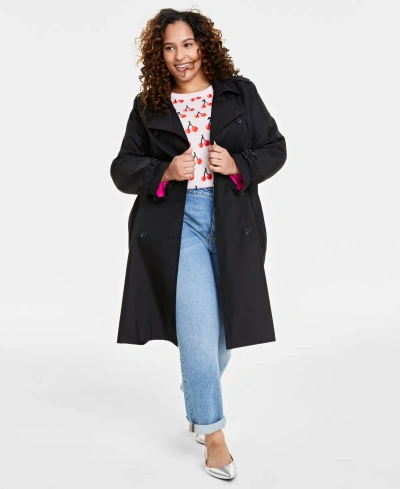 On 34th Plus Size Classic Trench Coat, Created For Macy's In Deep Black