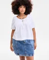 On 34th Plus Size Cotton Gauze Scoop-neck Puff-sleeve Top, Exclusively At Macy's