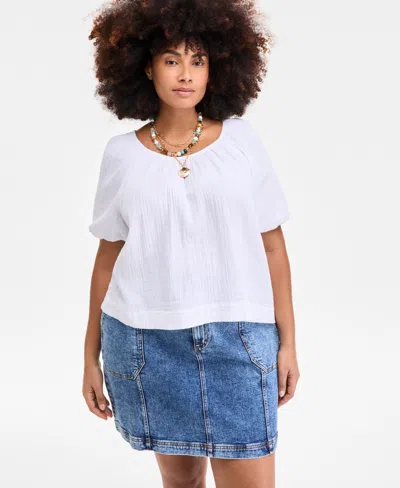 On 34th Plus Size Cotton Gauze Scoop-neck Puff-sleeve Top, Exclusively At Macy's In White