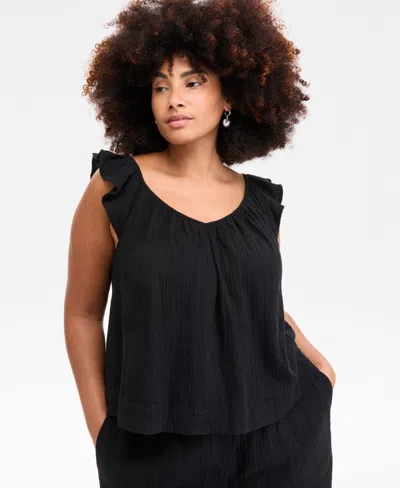 On 34th Plus Size Cotton Gauze V-neck Flutter-sleeve Top, Exclusively At Macy's In Black