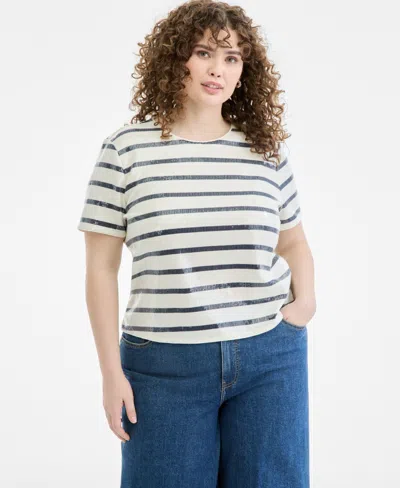 On 34th Plus Size Crewneck Printed Base Stripe Sequin T-shirt, Macy's Exclusive In Neutral