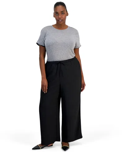 On 34th Plus Size Crinkle High-rise Wide-leg Pull-on Pants, Macy's Exclusive In Deep Black