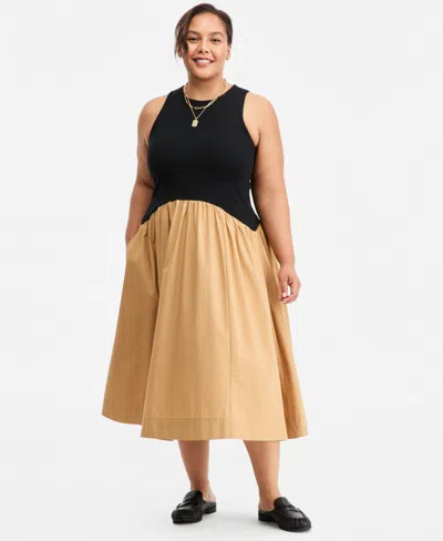 On 34th Plus Size Curved-waist Mixed-media Midi Dress, Macy's Exclusive In Black