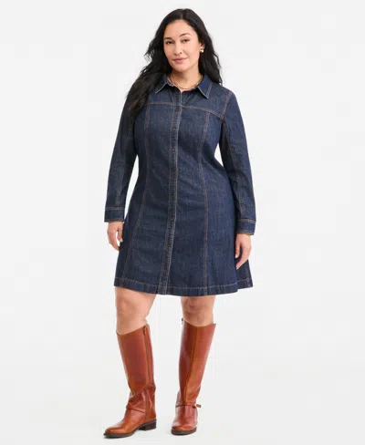 On 34th Plus Size Denim Mini Long-sleeve Shirt Dress, Macy's Exclusive In Nile Wash