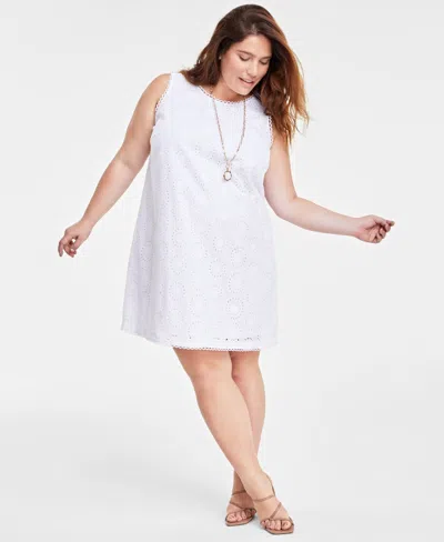 On 34th Trendy Plus Size Eyelet Sleeveless Dress, Created For Macy's In Bright White