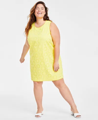On 34th Trendy Plus Size Eyelet Sleeveless Dress, Created For Macy's In Lemon Lime