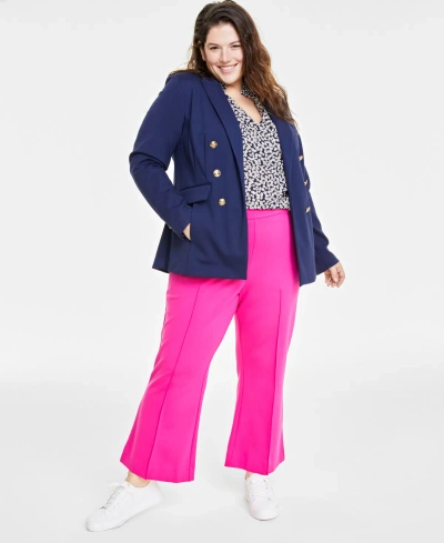 On 34th Trendy Plus Size Faux Double-breasted Ponte-knit Blazer, Created For Macy's In Intrepid Blue