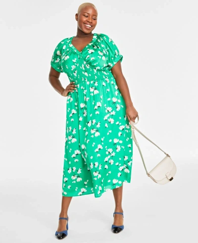 On 34th Trendy Plus Size Floral-print Smocked Midi Dress, Created For Macy's In Bright Green Combo